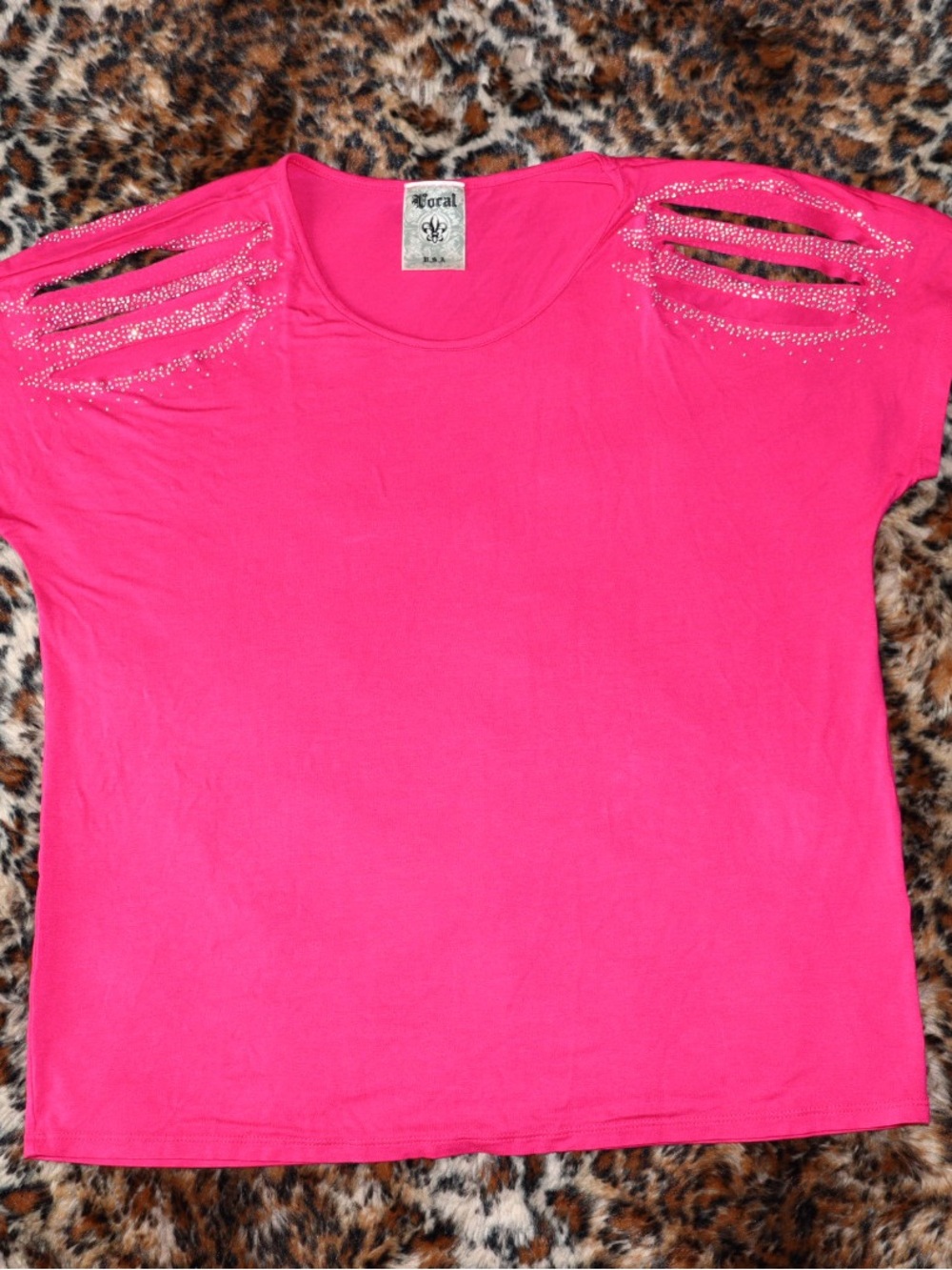 Bright Pink Short Sleeve Top with Shoulder Cutouts and rhinestones